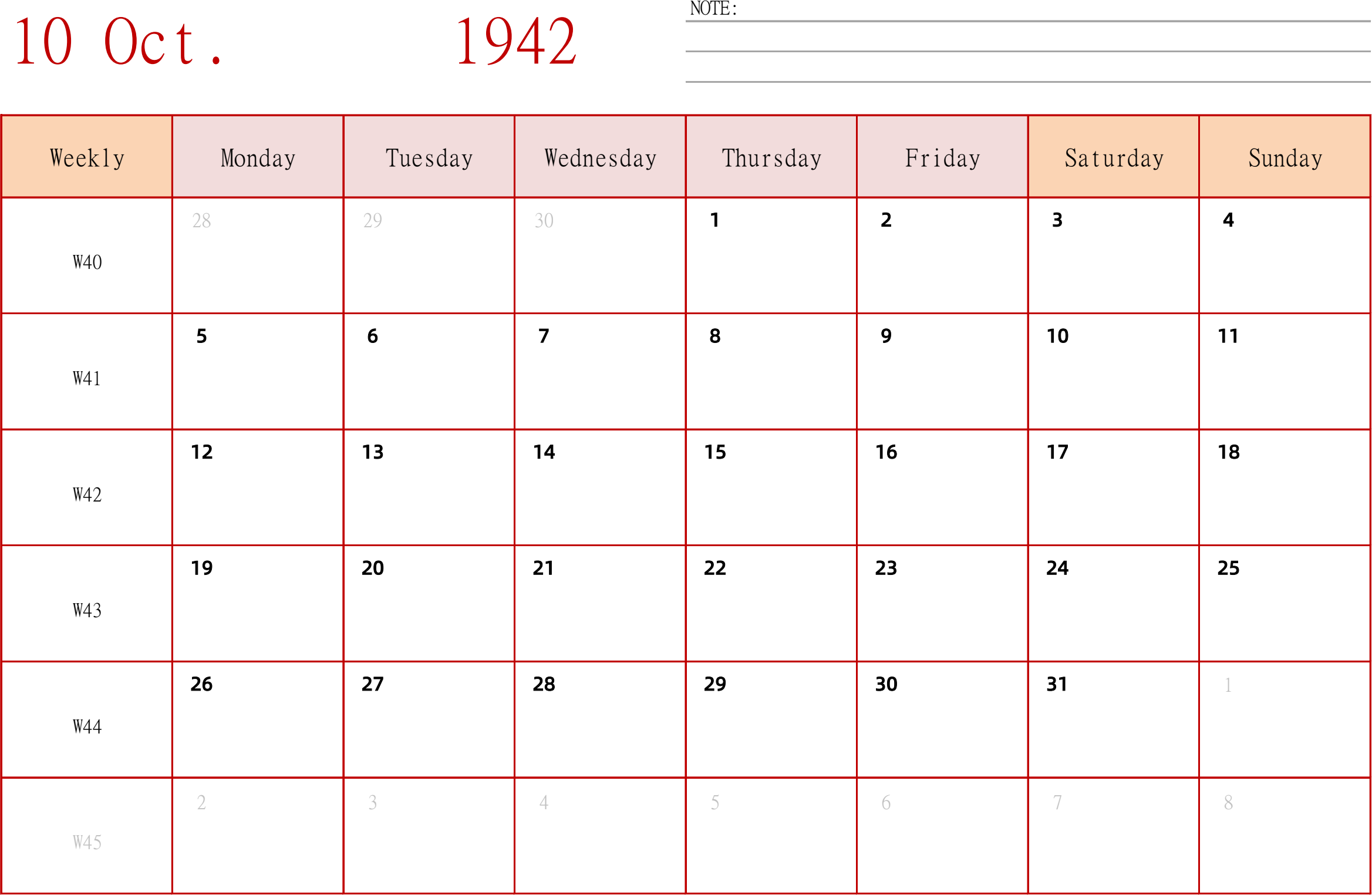 日历表1942年日历 英文版 横向排版 周一开始 带周数
